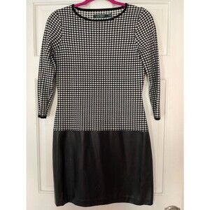 Ralph Lauren Black White Houndstooth Faux Leather Skirt Shift Dress, Size S